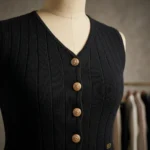Black ribbed knit co ord set with gold buttons and wide leg trousers (4)