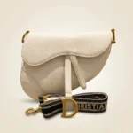 Christian Dior White Grained Calfskin Saddle Bag with Gold Hardware and Logo Strap (4)