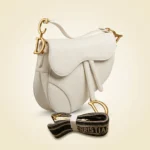 Christian Dior White Grained Calfskin Saddle Bag with Gold Hardware and Logo Strap (5)