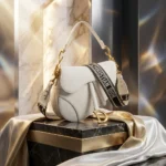 Christian Dior White Grained Calfskin Saddle Bag with Gold Hardware and Logo Strap (6)