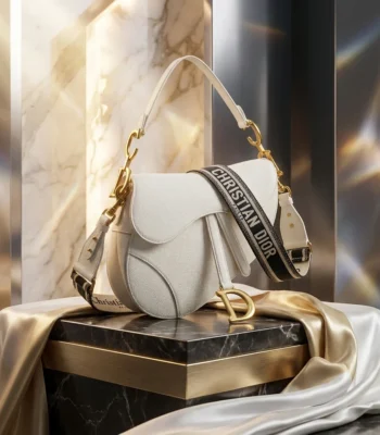 Christian Dior White Grained Calfskin Saddle Bag with Gold Hardware and Logo Strap (6)