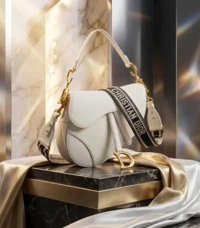 Christian Dior White Grained Calfskin Saddle Bag with Gold Hardware and Logo Strap (6)