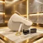 Christian Dior White Grained Calfskin Saddle Bag with Gold Hardware and Logo Strap (7)