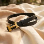 Classic Black Leather Women’s Belt with Gold H Buckle (1)