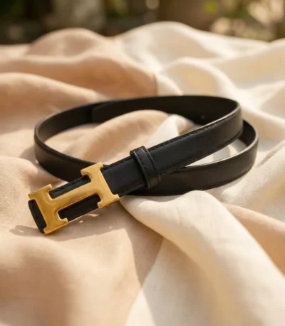 Classic Black Leather Women’s Belt with Gold H Buckle (1)