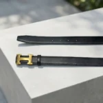 Classic Black Leather Women’s Belt with Gold H Buckle (3)