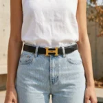 Classic Black Leather Women’s Belt with Gold H Buckle (4)