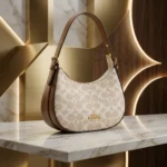 Coach Mira Shoulder Bag in light khaki signature canvas with brown leather trim and gold hardware (1)