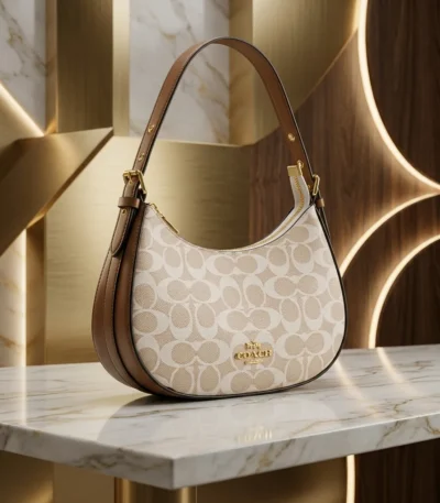 Coach Mira Shoulder Bag in light khaki signature canvas with brown leather trim and gold hardware (1)