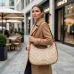Coach Mira Shoulder Bag in light khaki signature canvas with brown leather trim and gold hardware (6)