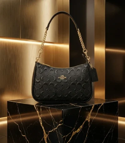 Coach Nolita 19 black signature debossed leather bag with gold chain strap (3)