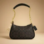 Coach Signature monogram dark brown mini shoulder bag with gold tone chain strap and heart charms (1)