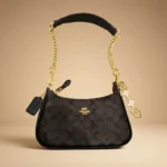 Coach Signature monogram dark brown mini shoulder bag with gold tone chain strap and heart charms (2)