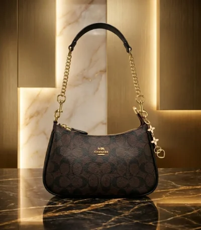 Coach Signature monogram dark brown mini shoulder bag with gold tone chain strap and heart charms (3)