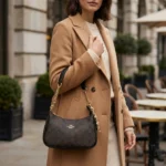 Coach Signature monogram dark brown mini shoulder bag with gold tone chain strap and heart charms (6)