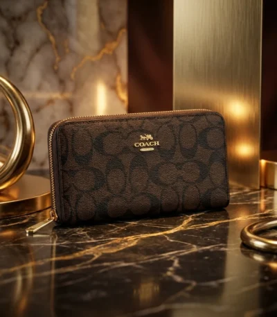 Coach Women's Signature Accordion Zip Wallet in dark brown logo print (4)