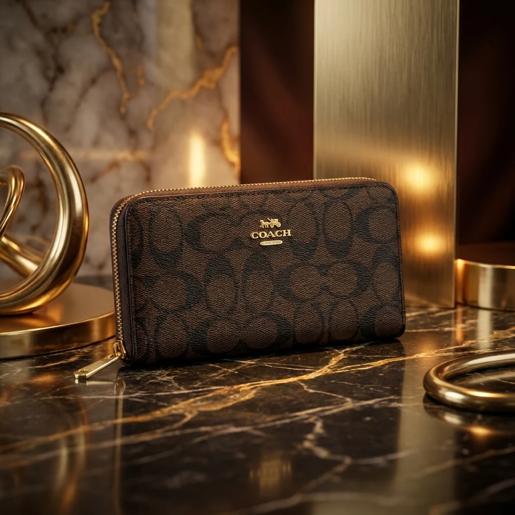 Coach Women's Signature Accordion Zip Wallet in dark brown logo print (4)