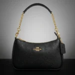 Coach black pebbled leather shoulder bag with gold chain strap and logo (4)