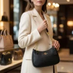 Coach black pebbled leather shoulder bag with gold chain strap and logo (5)