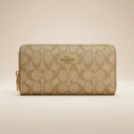 Coach signature monogram zip around women's wallet in tan with gold hardware (4)