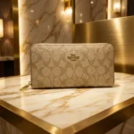 Coach signature monogram zip around women's wallet in tan with gold hardware (5)