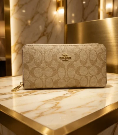 Coach signature monogram zip around women's wallet in tan with gold hardware (5)