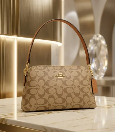 Coach women’s dome crossbody bag in khaki signature canvas with saddle leather trim and gold tone hardware (3)