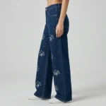 Dark Blue High Waist Wide Leg Denim Jeans with Floral Embroidery and Rhinestone Accents (1)