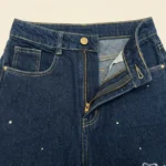 Dark Blue High Waist Wide Leg Denim Jeans with Floral Embroidery and Rhinestone Accents (2)