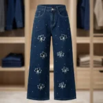 Dark Blue High Waist Wide Leg Denim Jeans with Floral Embroidery and Rhinestone Accents (3)