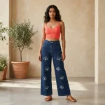 Dark Blue High Waist Wide Leg Denim Jeans with Floral Embroidery and Rhinestone Accents (4)