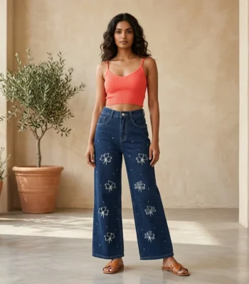 Dark Blue High Waist Wide Leg Denim Jeans with Floral Embroidery and Rhinestone Accents (4)
