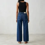 Dark Blue High Waist Wide Leg Denim Jeans with Floral Embroidery and Rhinestone Accents (5)