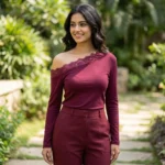Elegant Maroon Off Shoulder Top with Scalloped Lace Trim (1)