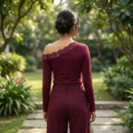 Elegant Maroon Off Shoulder Top with Scalloped Lace Trim (2)