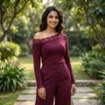 Elegant Maroon Off Shoulder Top with Scalloped Lace Trim (3)