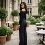 Elegant black long sleeve top for women featuring an asymmetric floral lace neckline and lace trimmed cuffs (1)