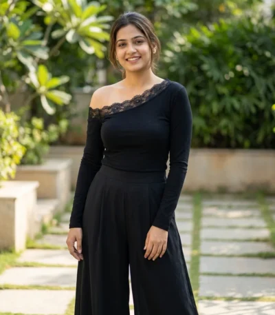 Elegant black long sleeve top for women featuring an asymmetric floral lace neckline and lace trimmed cuffs (2)