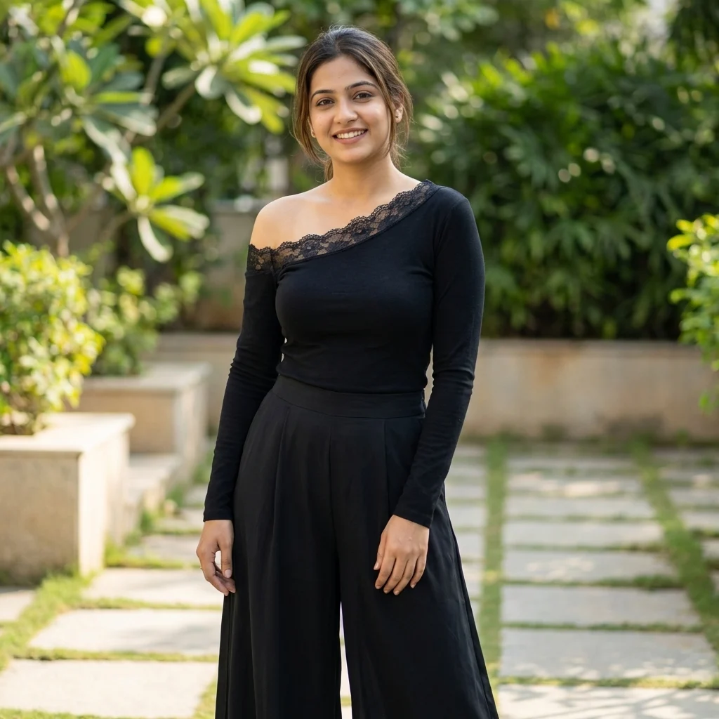 Elegant black long sleeve top for women featuring an asymmetric floral lace neckline and lace trimmed cuffs (2)