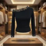 Elegant black long sleeve top for women featuring an asymmetric floral lace neckline and lace trimmed cuffs (6)