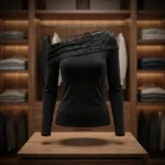 Elegant black long sleeve women's top with asymmetric floral lace neckline detail (1)