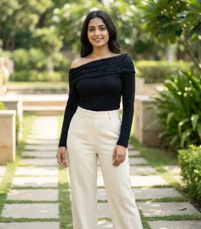 Elegant black long sleeve women's top with asymmetric floral lace neckline detail (2)