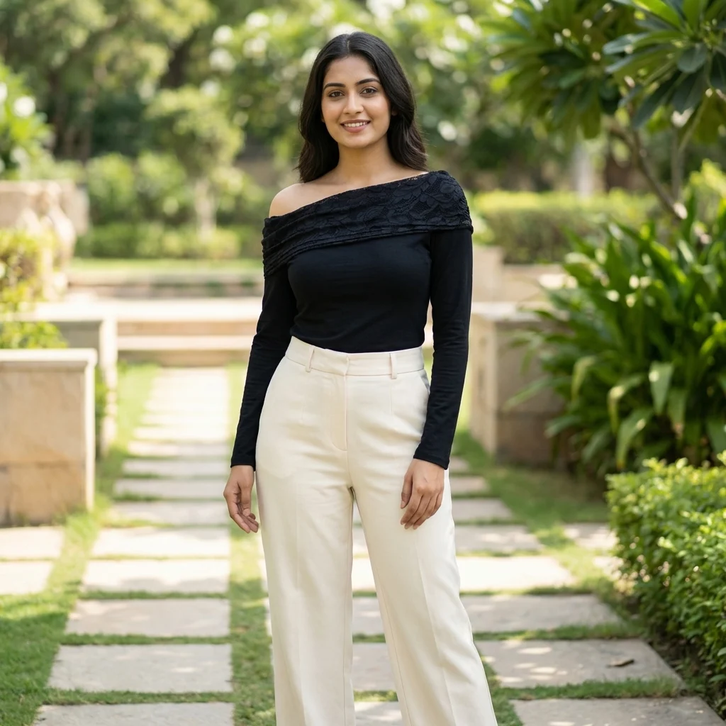 Elegant black long sleeve women's top with asymmetric floral lace neckline detail (2)