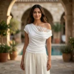 Elegant white off shoulder draped women's top with intricate floral lace back and shoulder detailing (2)