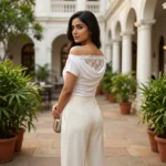 Elegant white off shoulder draped women's top with intricate floral lace back and shoulder detailing (3)