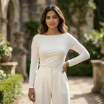 Elegant woman wearing a white boat neck full sleeve ribbed top (1)