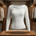 Elegant woman wearing a white boat neck full sleeve ribbed top (3)