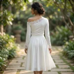 Elegant women’s off shoulder white top featuring intricate lace trim neckline and long sleeves (1)