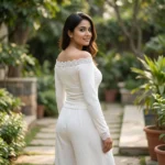 Elegant women’s off shoulder white top featuring intricate lace trim neckline and long sleeves (2)