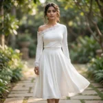 Elegant women’s off shoulder white top featuring intricate lace trim neckline and long sleeves (3)